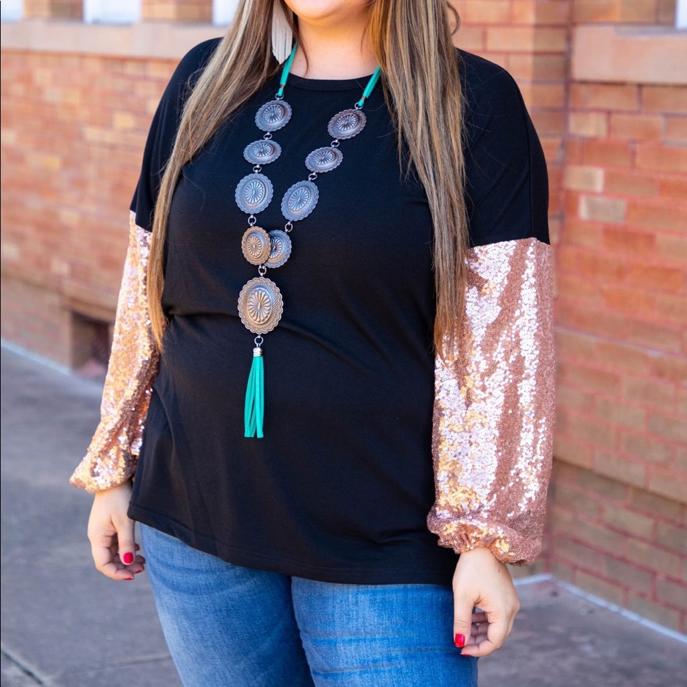 Black w/ Rose Gold Sequin Bubble Sleeve Top